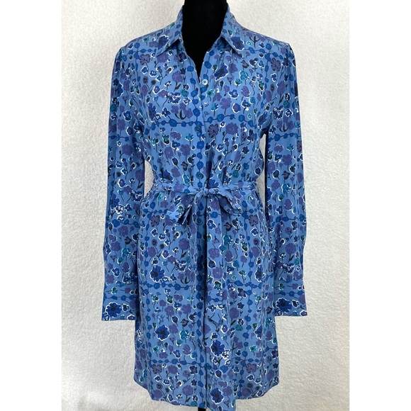 EQUIPMENT • Femme Rosalee Blue Floral Printed Long Sleeve Silk Mini Dress - Picture 4 of 16